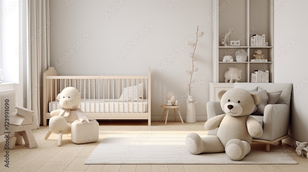 Baby kids banner. Modern minimalist baby room pastel with toy bear Baby kids banner. Modern minimalist baby room pastel with toy bear