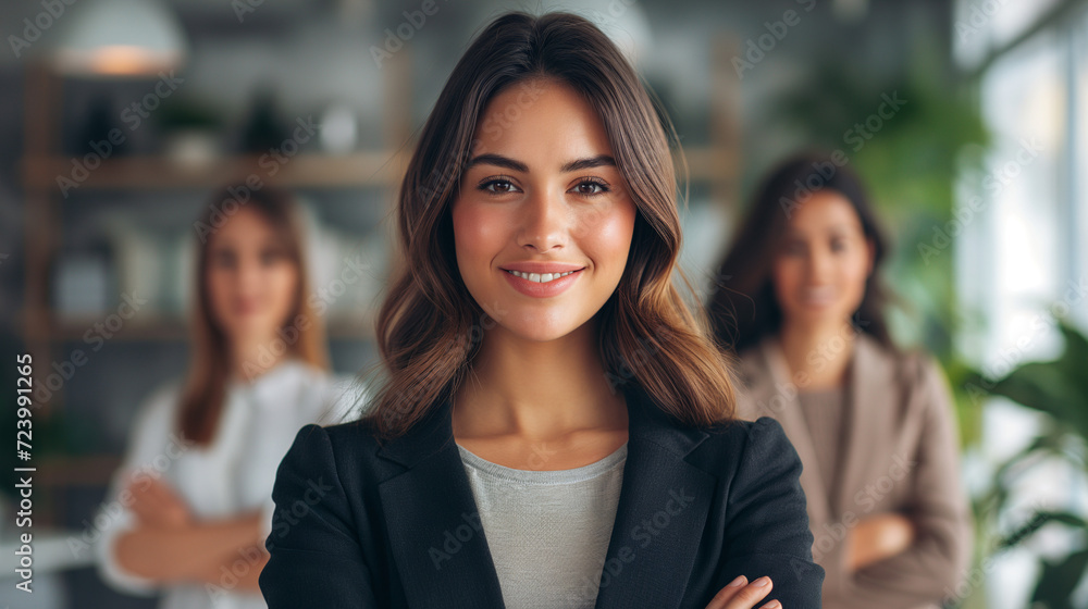 Fototapeta premium Focused professional business woman's portrait, with an underlying business team concept, perfect for depicting corporate leadership and success.