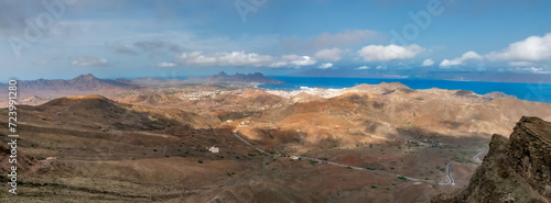 Distant view of the Port city of Mindelo and Porto Grande, São Vicente (Saint Vincent) island, Cape Verde Islands (Cabo Verde)