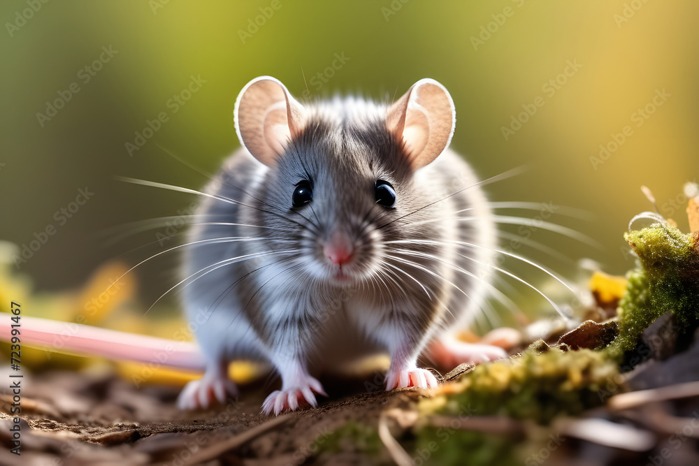 Adorable Gray and White Mouse on Ground, Captured with Blurred Background. Adorable Gray and White Mouse on Ground, Captured with Blurred Background.