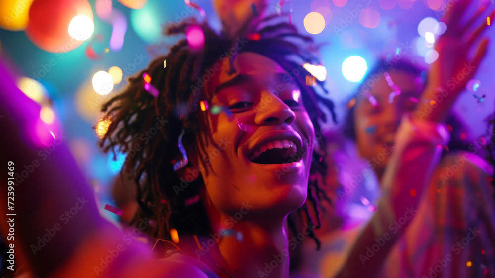 A guy in neon light dances on the dance floor