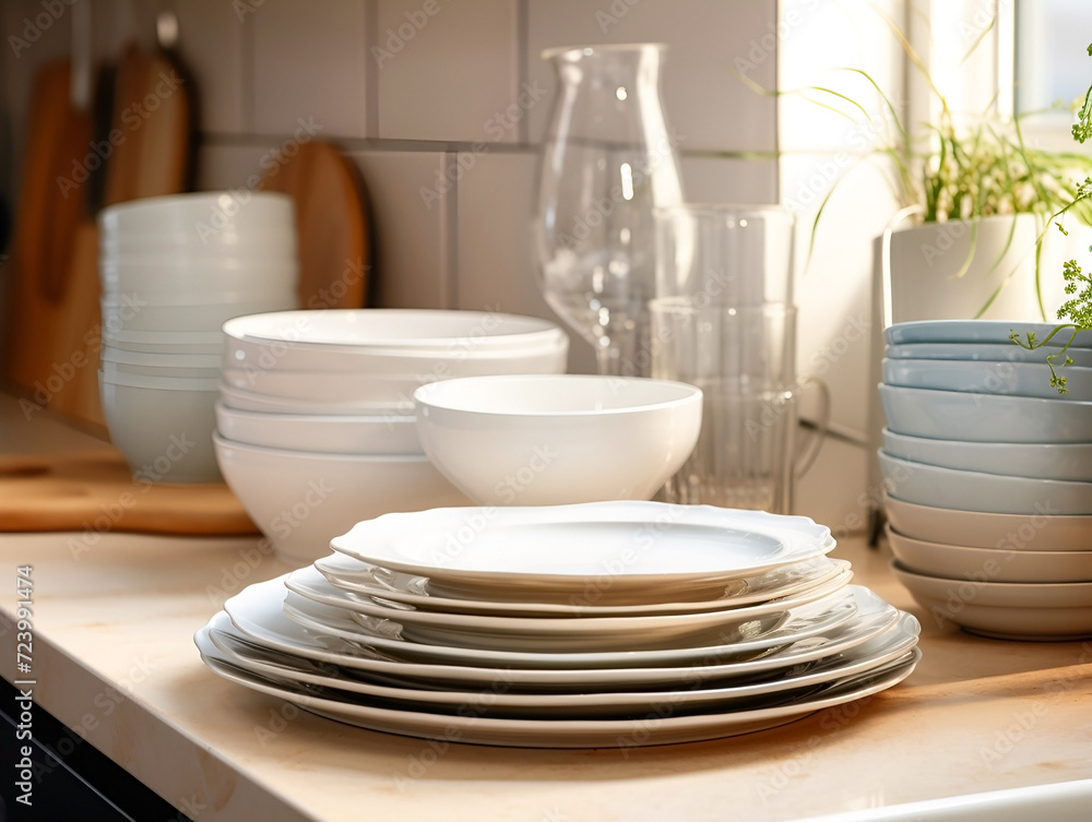 Fototapeta premium Different clean plates and dishwashing detergent on the table on kitchen counter. Washing dirty dishes