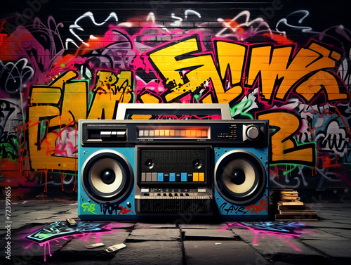 Retro old design ghetto blaster boombox radio cassette tape recorder from 1980s in a grungy graffiti covered room.music blaster