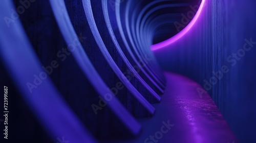 A close-up abstract perspective of a curved architectural tunnel with striking purple and blue neon light accents.