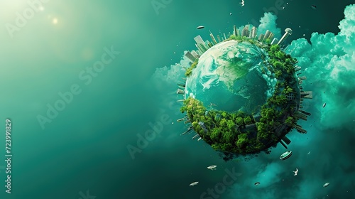 A visionary concept of a miniature planet Earth where urban skylines merge seamlessly with lush green landscapes, floating against a tranquil teal backdrop.