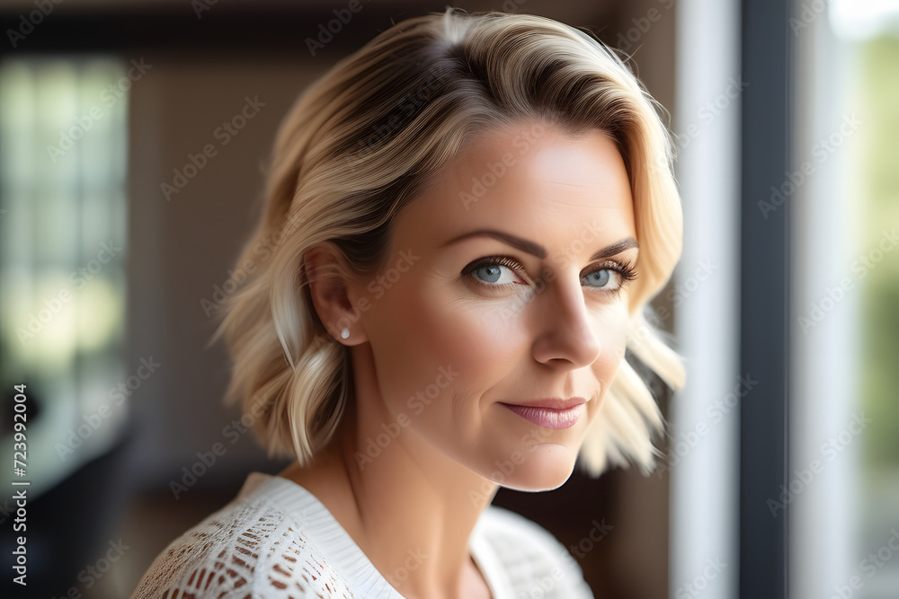 Portrait of a beautiful blonde woman looking away thoughtfully with a soft smile on her face Portrait of a beautiful blonde woman looking away thoughtfully with a soft smile on her face