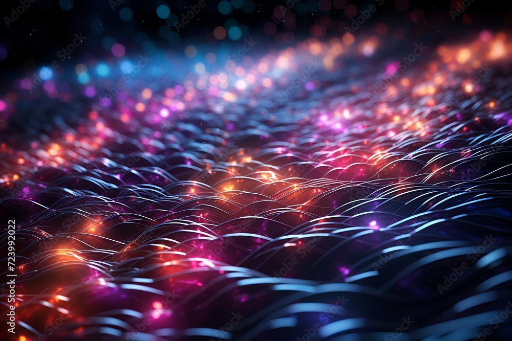 Immerse yourself in the mesmerizing beauty of this visually stunning abstract tech background. Illuminated fiber optic connections weave together in a sophisticated network system, inspired by quantum - obrazy, fototapety, plakaty 