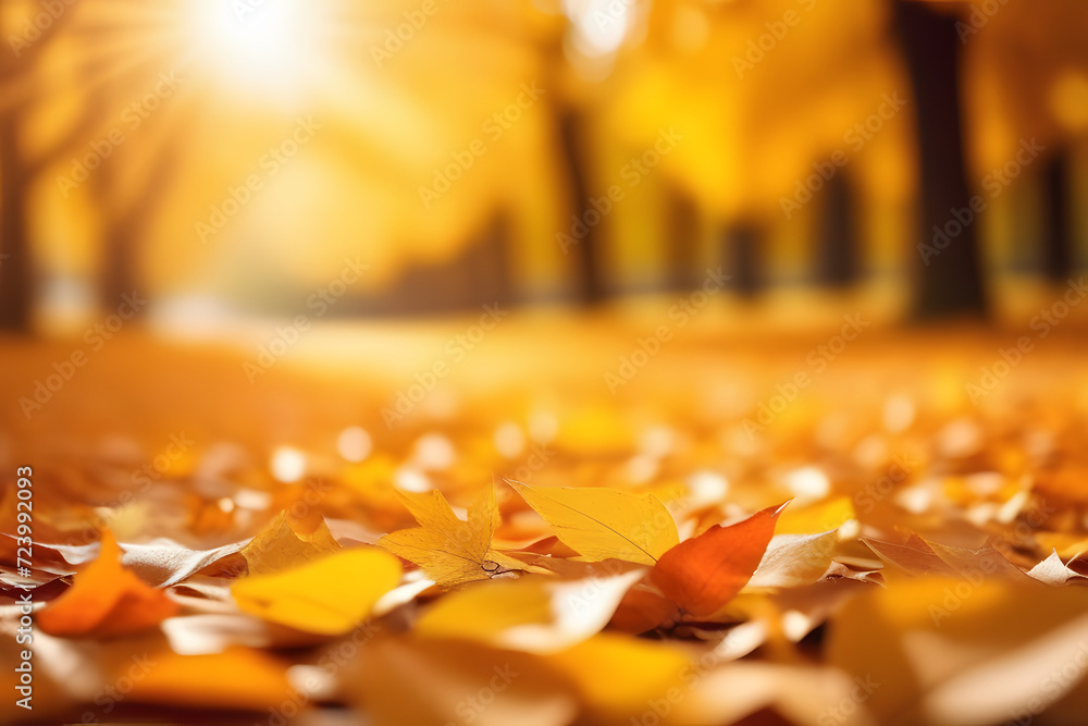 Close-up of vibrant fallen leaves in a serene autumn park with a beautifully blurred background