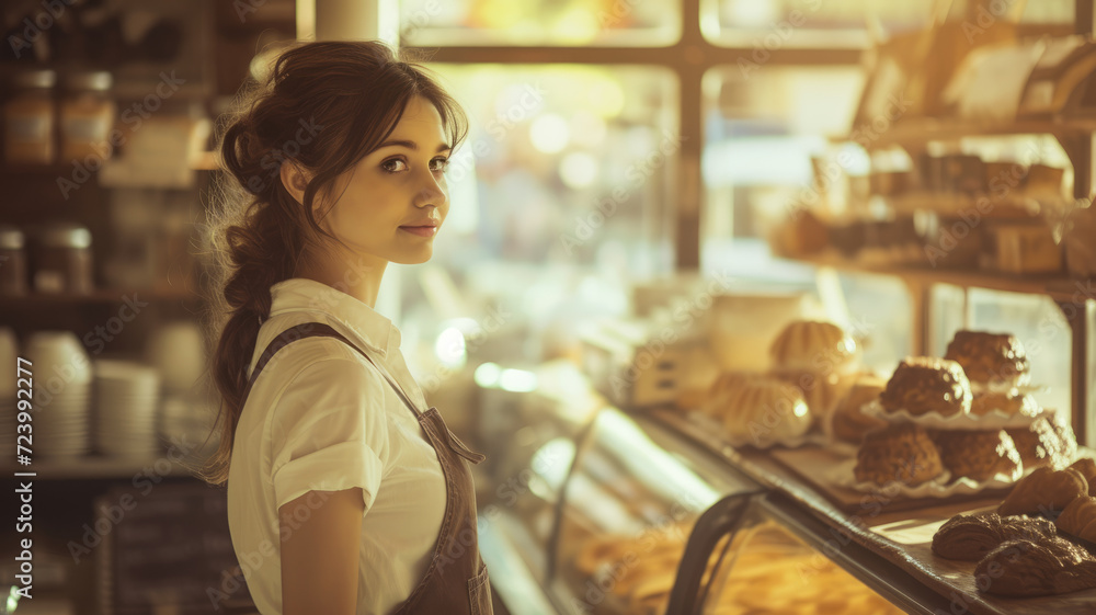 A young girl salesperson behind the counter in a pastry shop.