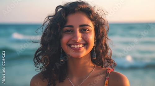 Young Woman Smiling as She Stands in Front of the Ocean Generative AI photo