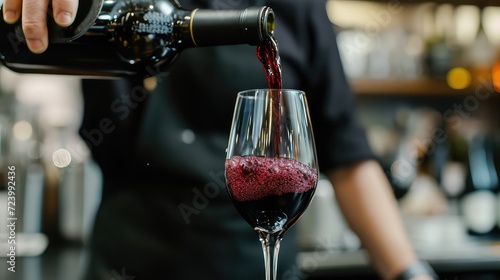 A moment of anticipation: a waiter's hand pours red wine into a glass, unveiling the captivating essence that awaits the senses.