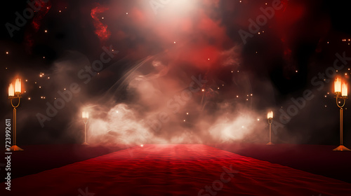 Red carpet on the stairs on dark background, the way to glory, victory and success