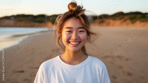 Young Woman Standing on Sandy Beach With Ocean Waves Generative AI