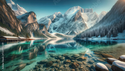 Alpine Lake with Snowy Mountains Panorama - Panoramic view of a serene alpine lake with crystal clear waters, snow-covered mountains.