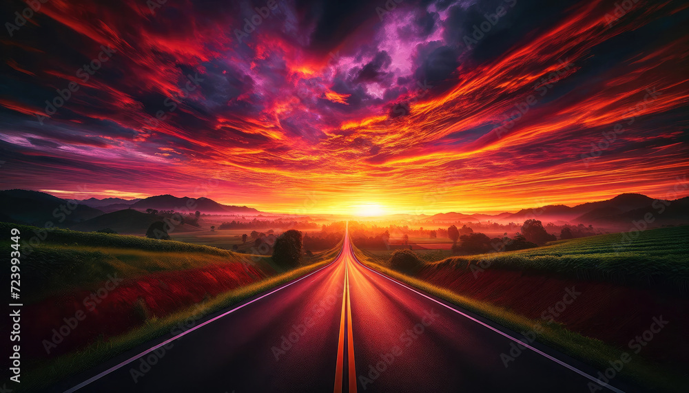 Highway to Horizon at Sunset - straight highway leading towards the horizon a dramatic sky.