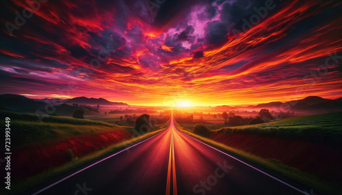 Highway to Horizon at Sunset - straight highway leading towards the horizon a dramatic sky.