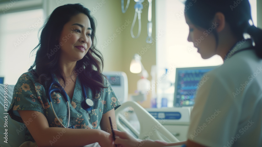 Two female doctors communicate with each other. Two female doctors communicate with each other.