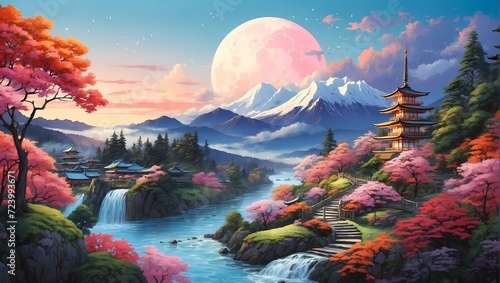Beautiful japanese landscape in the mountains at moonlight.Generative AI
