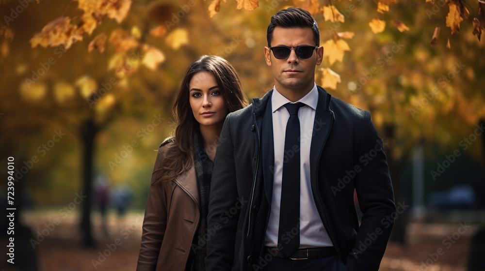 A beautiful young woman and a serious businessman standing together in an urban park A beautiful young woman and a serious businessman standing together in an urban park