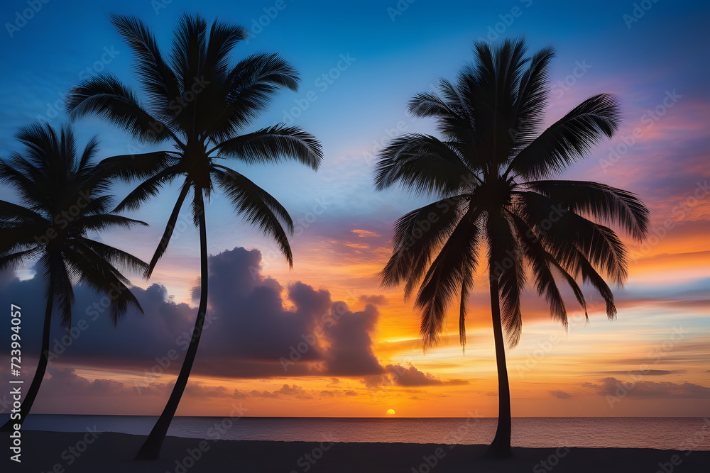 Tropical palm trees against the sunset sky.