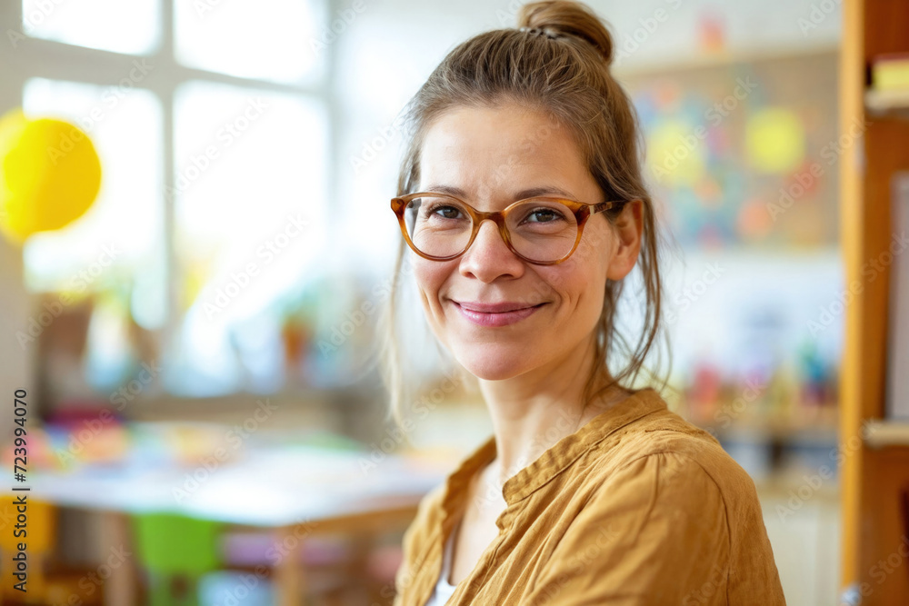 A warm, smiling female educator wearing glasses stands in a sunny classroom, the cheerful environment reflecting the positive impact of education A warm, smiling female educator wearing glasses stands in a sunny classroom, the cheerful environment reflecting the positive impact of education