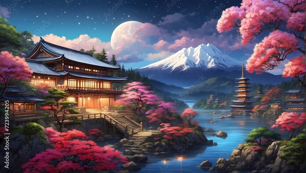 Beautiful Japanese mountains moonlight  temple in the night.