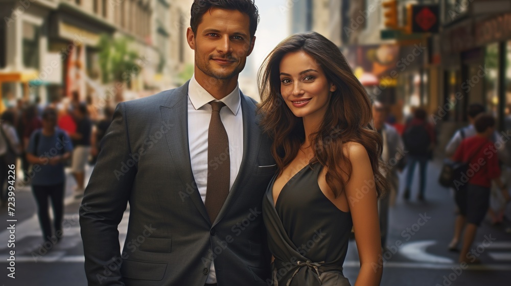 Fototapeta premium A beautiful young woman and a serious businessman standing together on a bustling city street