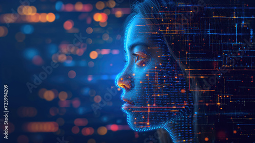 Wallpaper Mural Digital Human Face Concept in Cyber Network - Symbolizing artificial intelligence and the fusion of technology and humanity. Torontodigital.ca