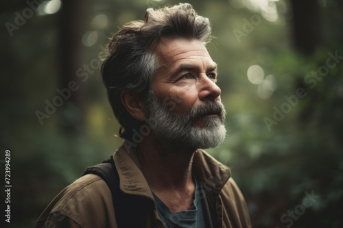 An evocative portrait of an older man with a grey beard, looking up thoughtfully in a forest setting, surrounded by nature