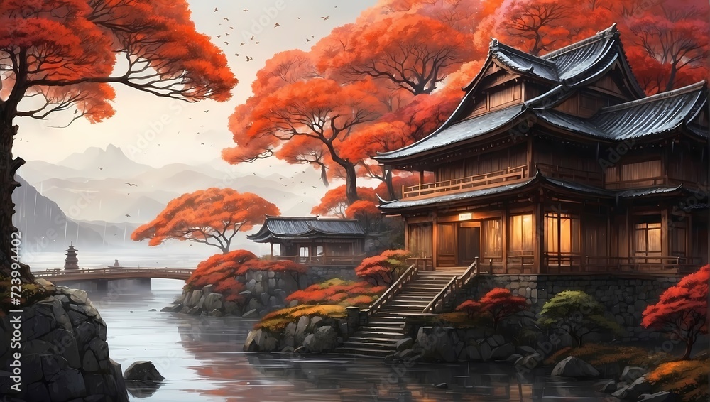 Beautiful Japanese  temple in the morning watercolour style.Generaive AI