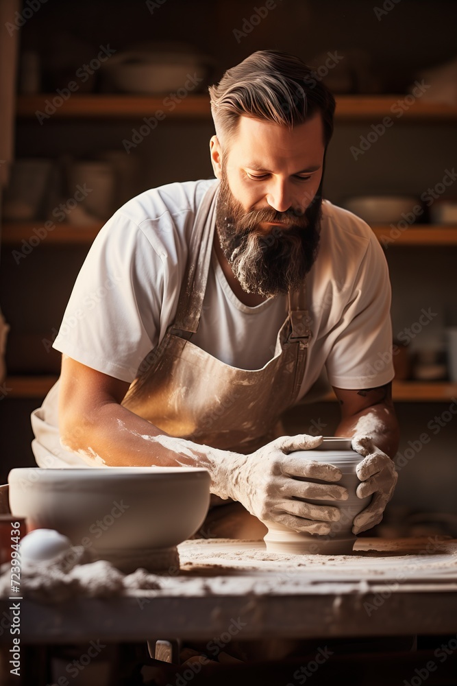 Caucasian man with a beard working in his pottery studio, shaping a piece of clay with his hands. Concept of craftsmanship Caucasian man with a beard working in his pottery studio, shaping a piece of clay with his hands. Concept of craftsmanship