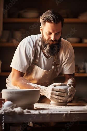 Caucasian man with a beard working in his pottery studio, shaping a piece of clay with his hands. Concept of craftsmanship