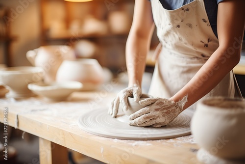 Hands molding clay to create a ceramic piece in a pottery studio. Hobby and leisure time