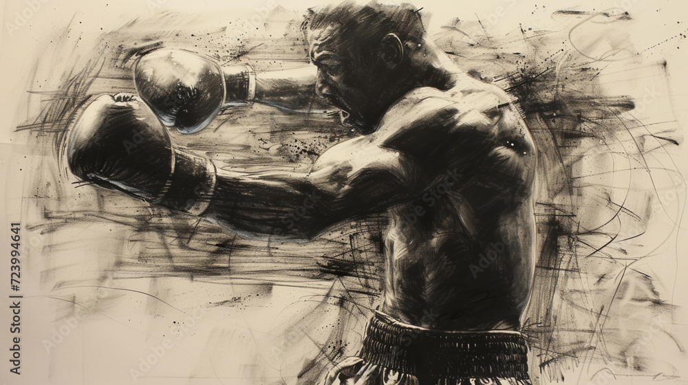 A boxer, sketch in black charcoal - obrazy, fototapety, plakaty 