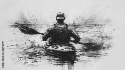 A canoeist on a river, black charcoal sketch