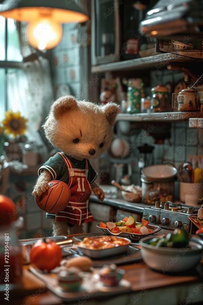 Funny animal , Bear Chef Cooking in a Sunny Kitchen