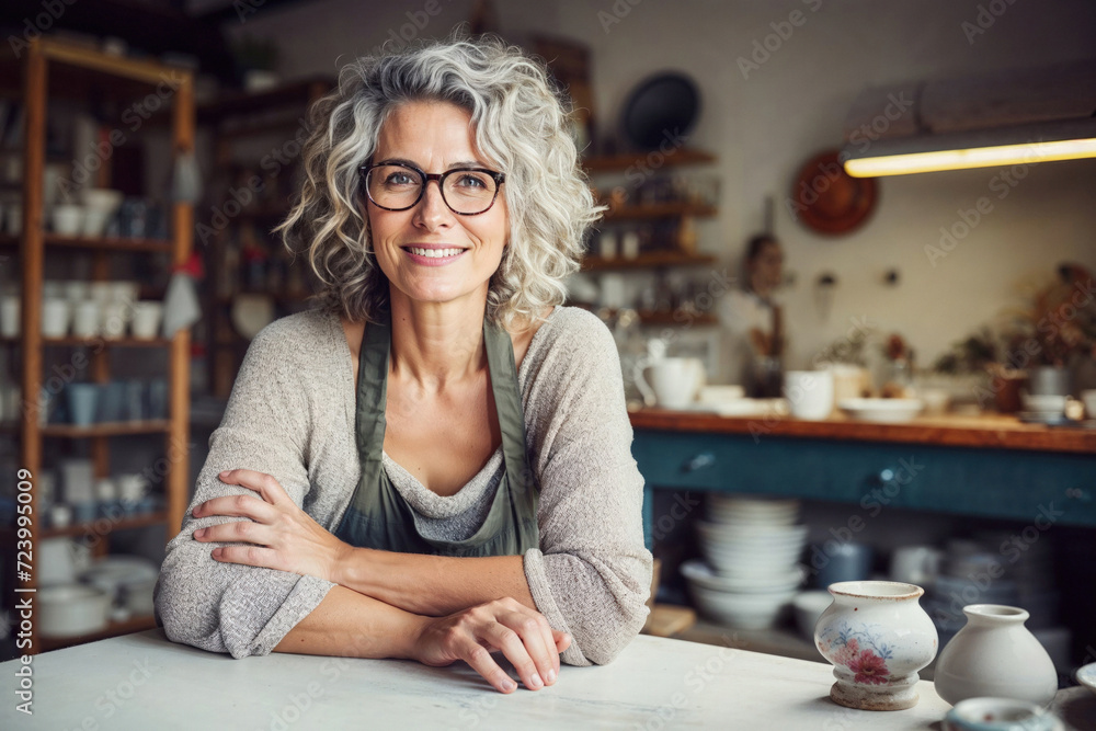 An experienced female potter with glasses poses in a ceramics workshop, showcasing her artful creations - obrazy, fototapety, plakaty 