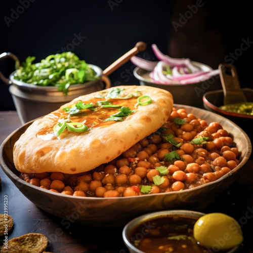 famouse Indian food called chole bhature made from Chickpea and fried puri photo