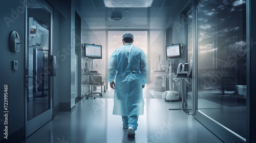 Healthcare Professional Walking Through a Hospital Corridor