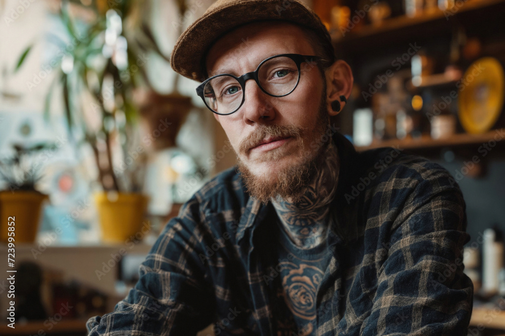 A man with a full beard and intricate neck tattoos wears glasses and a flat cap, looking pensive in a cozy, plant-filled room A man with a full beard and intricate neck tattoos wears glasses and a flat cap, looking pensive in a cozy, plant-filled room