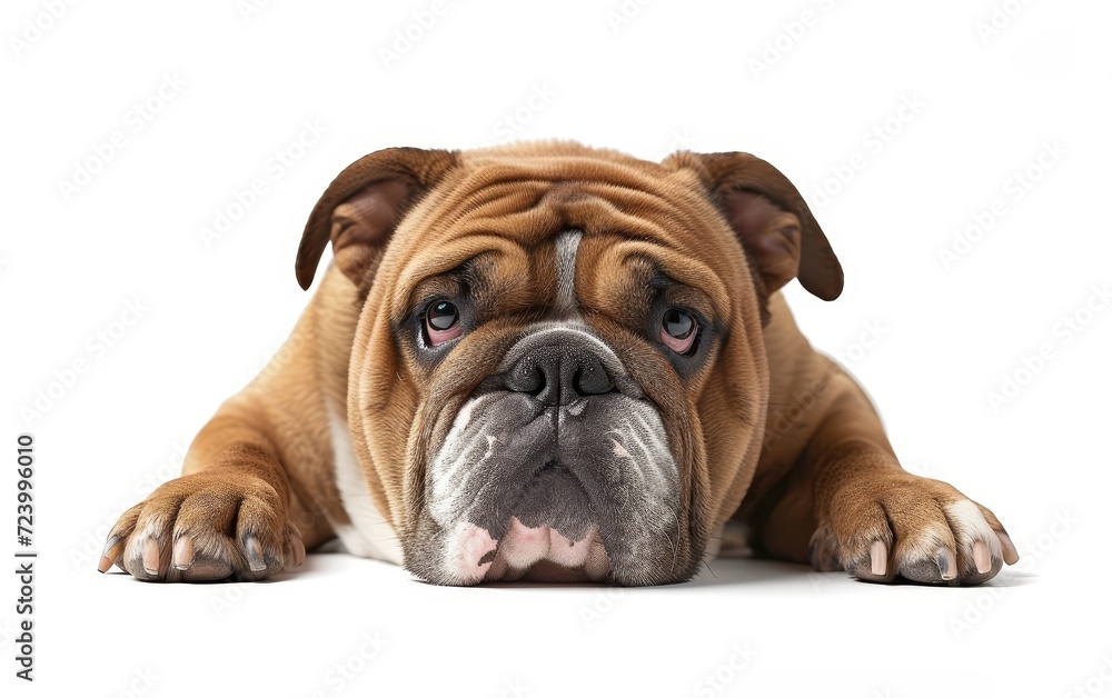 Relaxed English Bulldog laying down, showcasing muscular build and distinctive wrinkled face isolated on white background.