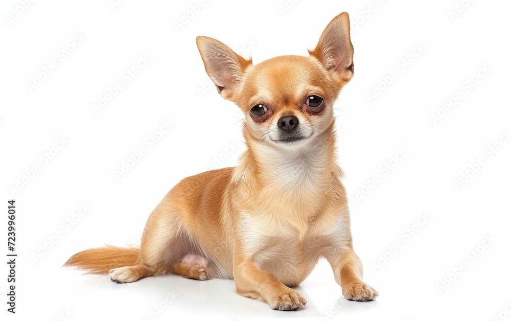 An adorable Chihuahua sits calmly, its soft fur and expressive eyes beautifully isolated against a white background.