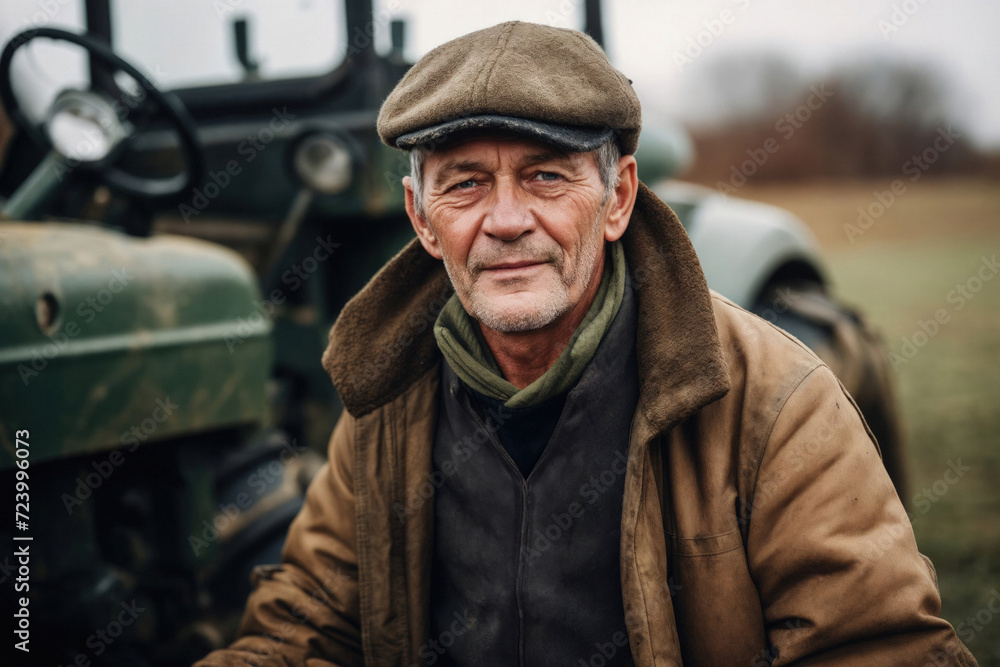 An experienced farmer with a weathered face, wearing a flat cap, stands in front of his vintage tractor in a rural setting