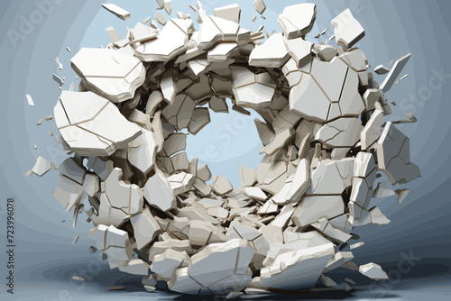 Dark destruction cracked hole in white stone wall. 3d render illustration