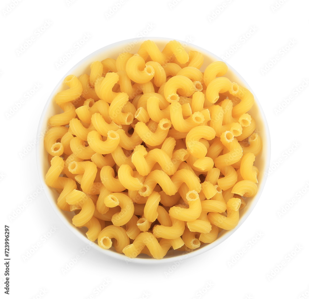 Raw cavatappi pasta in bowl isolated on white, top view Raw cavatappi pasta in bowl isolated on white, top view