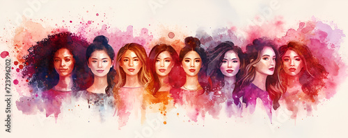 Happy women group for International Women’s day , watercolor style illustration, Smiling people group holding hearts. Valentine s Day. Love and volunteering vector illustration, Generative AI © HayyanGFX