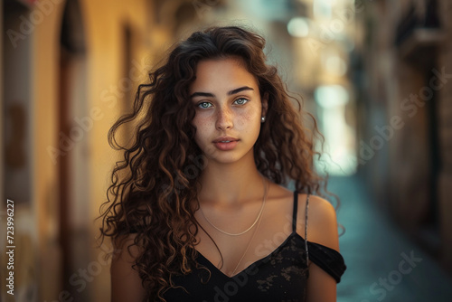 Street portrait of attractive hispanic girl with curly hair 