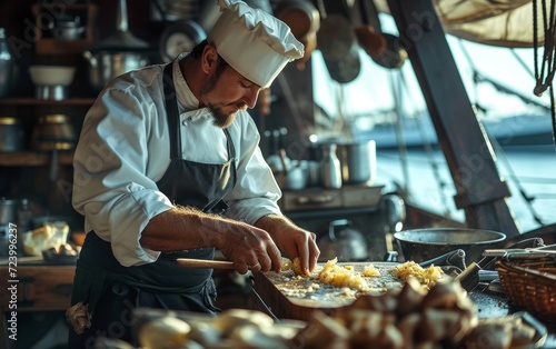 A dedicated cook on a ship skillfully prepares a delicious meal, showcasing the art of maritime cuisine. photo