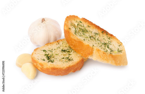 Pieces of tasty baguette with garlic and dill isolated on white
