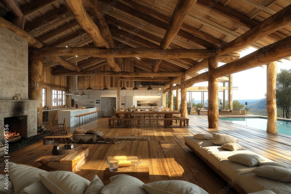 Open floor plan living room with wood beams and a wood burning fireplace